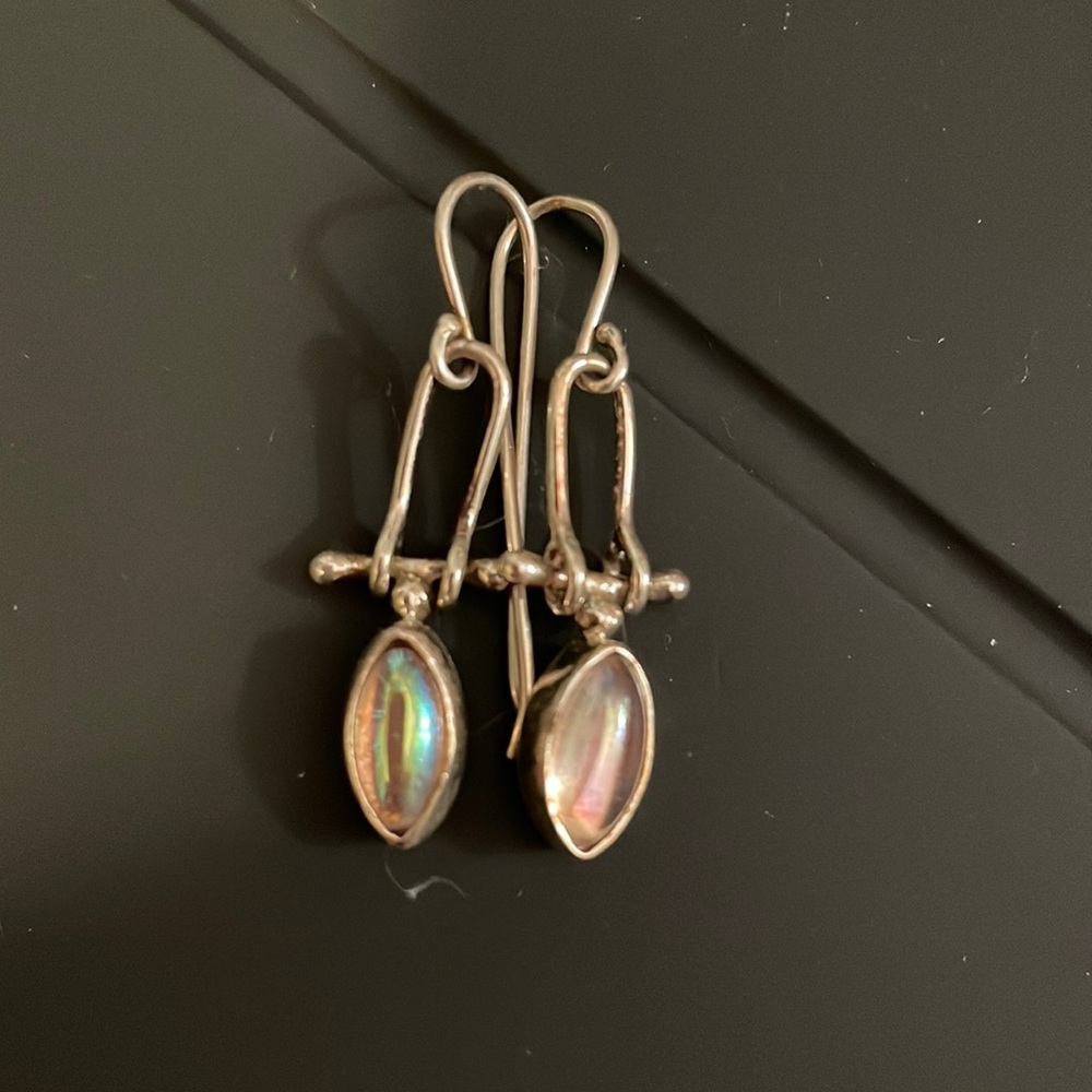 Sterling silver hinged dangle earrings with vintage glass gems